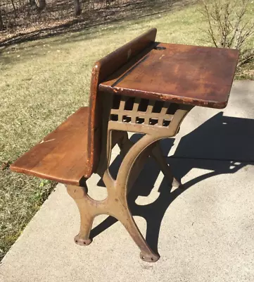 **vintage Mcm Antique School Desk Folding Seat Cast Frame Wood Two Available #5 • $159.49