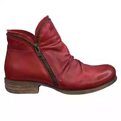Miz Mooz Women's Luna Red Leather Ruched Side Zip Ankle Boot Size US 6.5 • $53