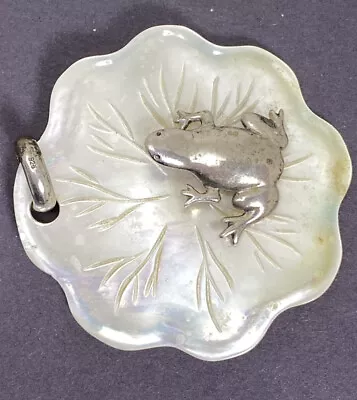 Vintage Frog Mother Of Pearl Lily Pad Detailed MOP Pendant 925 Sterling Silver • $40