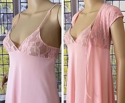 Vintage JCPenney 70s Pink Long Nylon Nightgown Robe Peignoir Set Size SMALL • $29.89