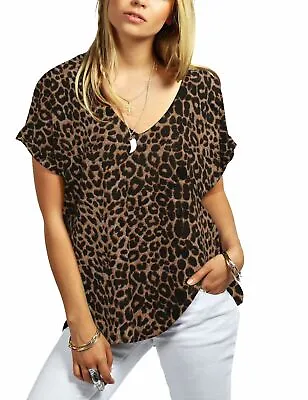 New Ladies Printed Turn Up Short Sleeve Baggy Loose Fit V Neck T-Shirt Top • £8.09