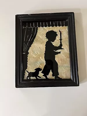 Vintage Silhouette Reverse Painting On Glass Of Boy With Candlestick And Dog • $18