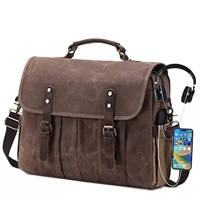 Messenger Bag For Men 15.6 Inch Vintage Canvas Genuine Leather Briefcase Brown • $58.72