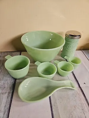 Fire King Jadeite Splash Proof Bowl Measuring Cups Spoon Rest Shaker • $210