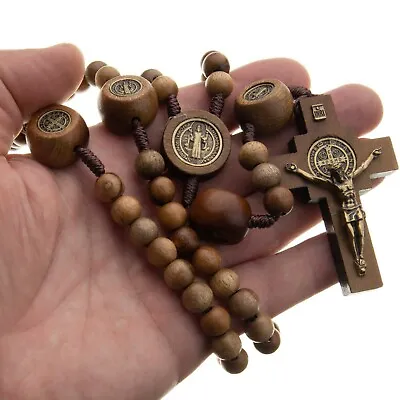 Large St Benedict Rosary Catholic Intercession Beads Brown Wood Cord Men Women • $22.50