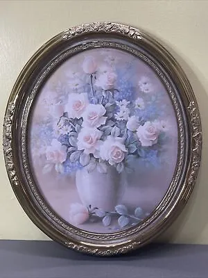 T.C. CHIU Fine Art Print Vintage Pink Roses & Violets Oval Gold Framed & Signed • $39.99