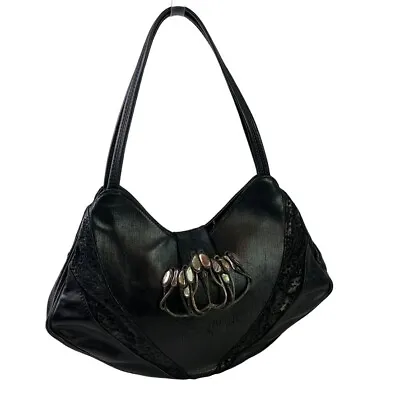 R&Y Augousti Womens Leather Black Hobo Shoulder Bag Purse Handbag Jewel Clasp • $103.49