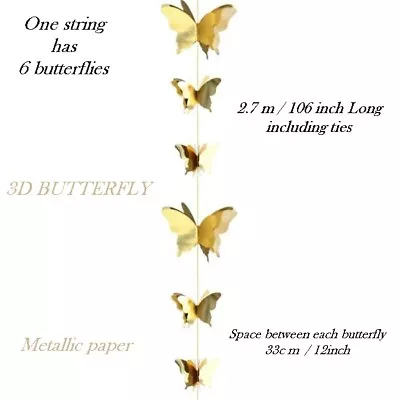 £4.85 • Buy Gold Butterfly Garland Banner Bunting 2.7M Metallic Gold Butterfly 3D Banner