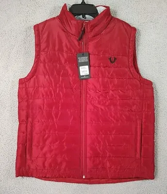 True Religion Vest Men Large Red Puffer Quilted Full Zip Pockets Horse Shoe NWT • $74.99