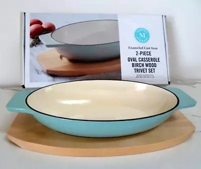 Martha Stewart 2PC Oval Enameled Cast Iron Casserole Dish Birch Wood Trivet NIB • $25