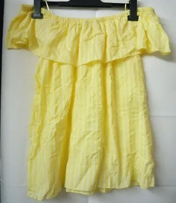 Ladies Yellow Stripe Bardot Summer Top Off The Shoulder Frill Blouse Size 16 New • £6.49