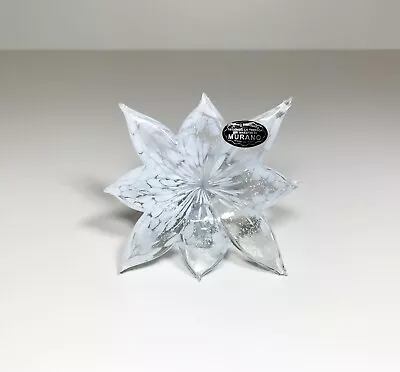 Murano Art Glass White Clear Sparkle Flower 8 Petals 5 1/2” Across New Sticker • $26