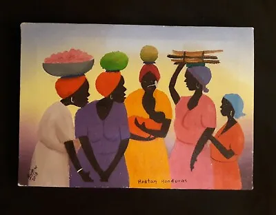 FOLK ART HAND PAINTED ACRYLIC ROATAN  WOMEN AT THE VILLAGE MARKET Signed 8x 11 • £33.74