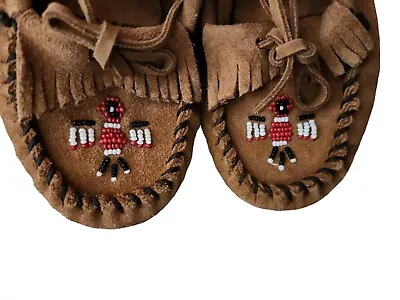 Minnetonka Women's Thunderbird Boat Moc Beaded Leather Brown Moccasins Size 8 • $35