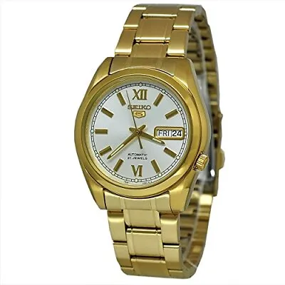 Seiko SNKL58 Mens Seiko 5 Gold Tone Steel Bracelet White Tone Dial Day Watch • $164
