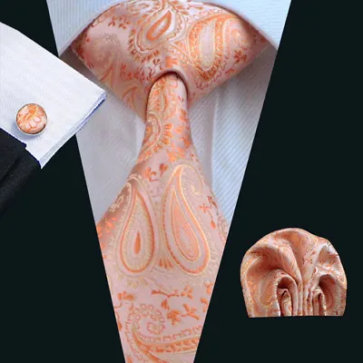 ITALIAN DESIGNER Peach Paisley SILK TIE HANKY & CUFFLINKS  • £11.49