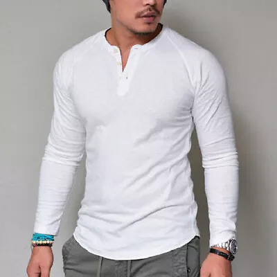 Men's Henley Grandad Long Sleeve T-shirt Collarless Plain Solid Color Tee Tops • $17.41