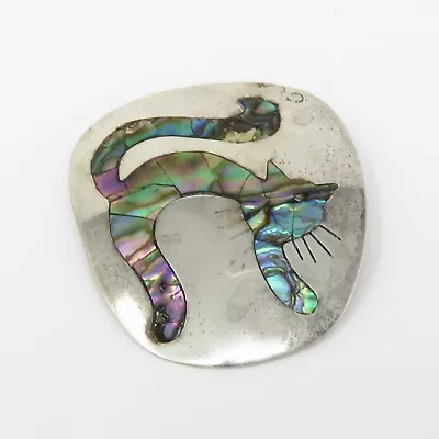 NYJEWEL 925 Sterling Silver Abalone Cat Large Pin Brooch Pendant 42 X 41mm • $2.25