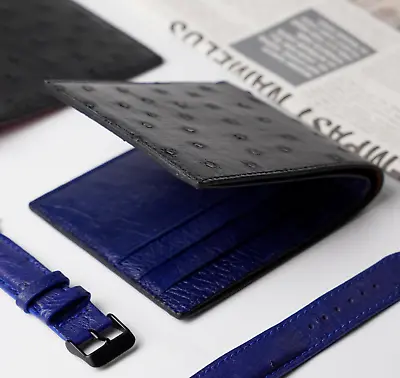 Black Blue Ostrich Leather Slim Bifold Wallet ID Credit Card Holder Luxury Gifts • $75