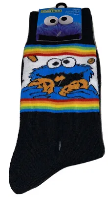 Cookie Monster Crew Socks 2 Pair Men 6.5-12 Black Rainbow Sesame Street Muppets • $10.97