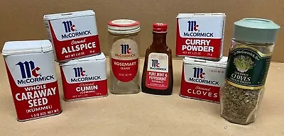 Lot 8 VTG McCormick SPICE Tins Glass Jars Extract Allspice Caraway Curry MORE • $16.95