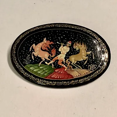 Vintage Russian Palekh Wooden Lacquer Hand Painted Brooch Pin Made In USSR 2.5” • $30