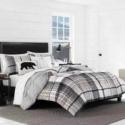 EDDIE BAUER Comforter Set 3Pcs Reversible Polyester Black Plaid Micro Suede King • $101.72