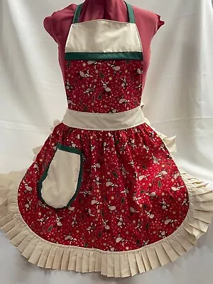 RETRO VINTAGE 50s STYLE FULL APRON / PINNY - CHRISTMAS REINDEER ON RED Wit CREAM • £28.99