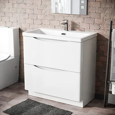 Modern 800mm Freestanding Gloss White Basin Vanity Sink 2 Drawer | Lyndon • £239.99