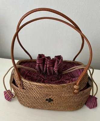 BALI Ata Rattan Drawstring Artisan Handmade Basket Purse Tote Leather Handles • $35