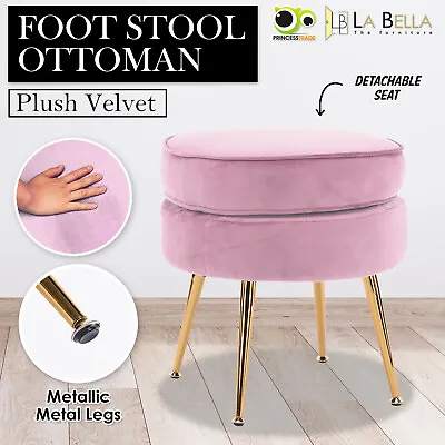Velvet Ottoman Round Foot Stool Rest Pouffe Metal Leg Padded Seat Footstool - PK • $79