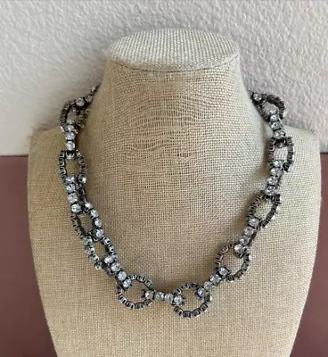 J Crew Silver Tone Statement Necklace W/ Rhinestones Ring Loops Links 18  • $28