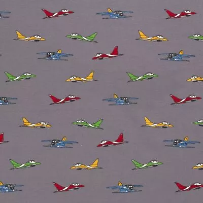 Jet Planes Cotton Jersey Fabric On Grey Background Patterned Stretch Knit Fabric • £6.25