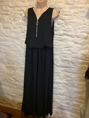 Black Jersey Summer Maxi Dress  With Zip Front Detail Fit Size 12 14 • £14.99