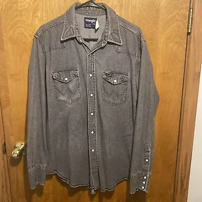 VINTAGE Wrangler BLACK Denim Shirt Mens Extra Long Tail 17-35 Pearl Snap Western • $31.99