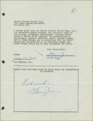 Gloria Jean - Document Double Signed 07/26/1946 • $950