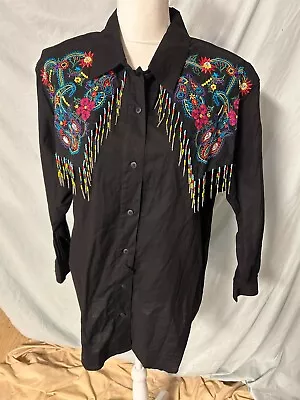 Vintage 1994 BONJOUR Beaded/Embroidered Black Cotton Western Button-Up Shirt XL • $15.99