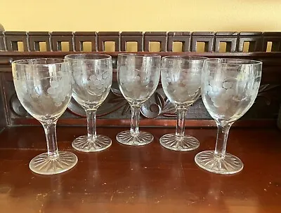 Vintage 1950s Etched Crystal Sherry Cordial Wine Stemware Glasses Set Of 5 • $25