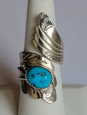 Navajo Running Bear Sterling Silver Blue Turquoise Large Wrap Ring Size 7.5 • $115