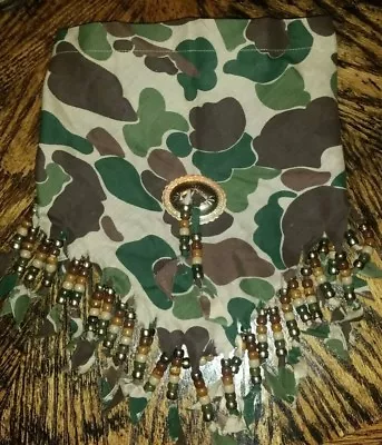 Vintage Camo Fabric Tie Up Neck Scarf Collar ~ Lots Of Multi Color Beads~Concho  • $8.95