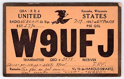 QSL CB Ham Radio W9UFJ  Harold Swartz  Kenosha Wisconsin Vtg 1937 WI Card • $5