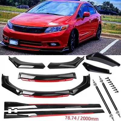 For Honda Civic Front Bumper Lip Spoiler/ Body Kit+Side Skirt Glossy Black-red • $129.99