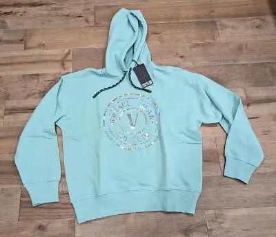 $475 Mens Versace Jeans Couture Emblem Logo Pullover Hoodie Seafoam Large • $192.49