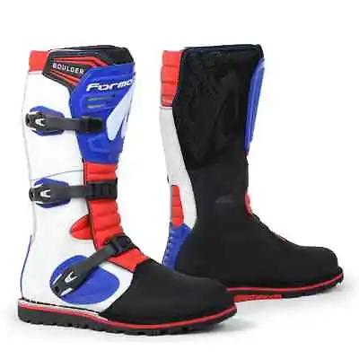 Motorcycle Boots | Forma Boulder White Blue Red Trials Dual Sport Balance Tech • $199