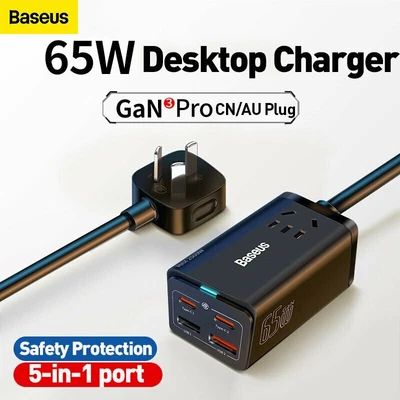 $58.99 • Buy Baseus GaN3 Pro 65W USB-C Charger Desktop Power Strip Fast Charging AU Adapter