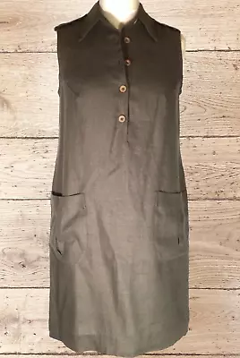 Hobbs Linen Shift Dress Size 12-14 Tag 12 Khaki Made In England Office Work Vgc • £15.95