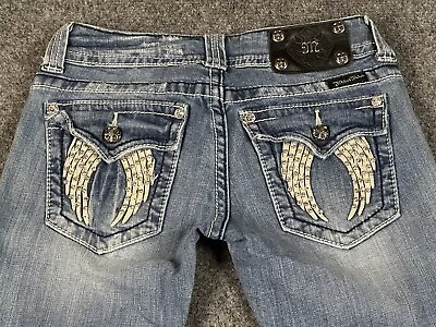 Miss Me Sequin Jeweled Low Boot Cut Flap Pocket Blue Jeans 26X29 Angel Wing • $35.74