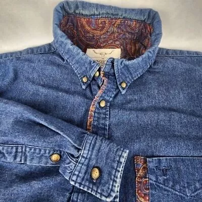 Longhorn By Niver Western Wear Mens Jean LS Vintage Button Down Shirt XLarge?‎ • $24