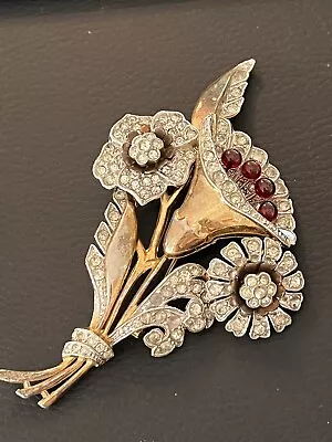 Vintage 4” JOMAZ Joseph Mazer Pin Brooch Rhinestone Glass Faux Ruby Red Unsigned • $195