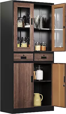 Glass Display Cabinet With Drawers Lockable Metal Storage Cabinets With 2 Adjus • $255.99